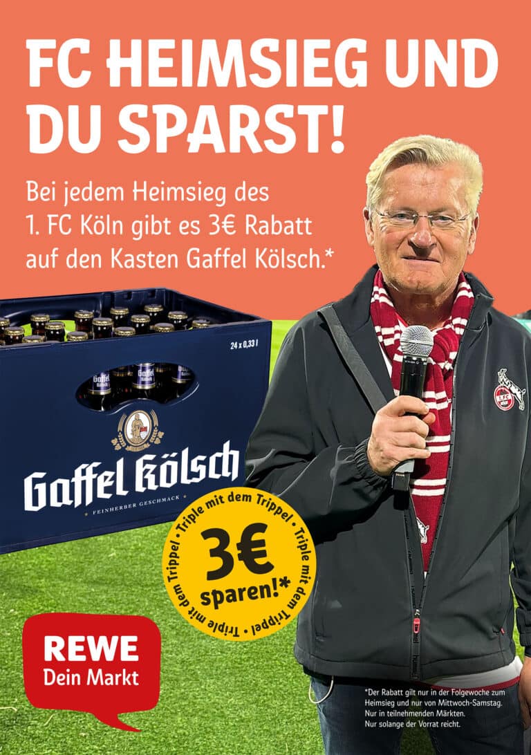 Jubel im Doppelpack: Beim Sieg des 1. FC Köln gibt es Gaffel Kölsch bei REWE zum Sonderpreis